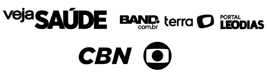Logos de veículos de mídia: Veja Saúde, Band, Terra, Portal Leo Dias, CBN, Globo